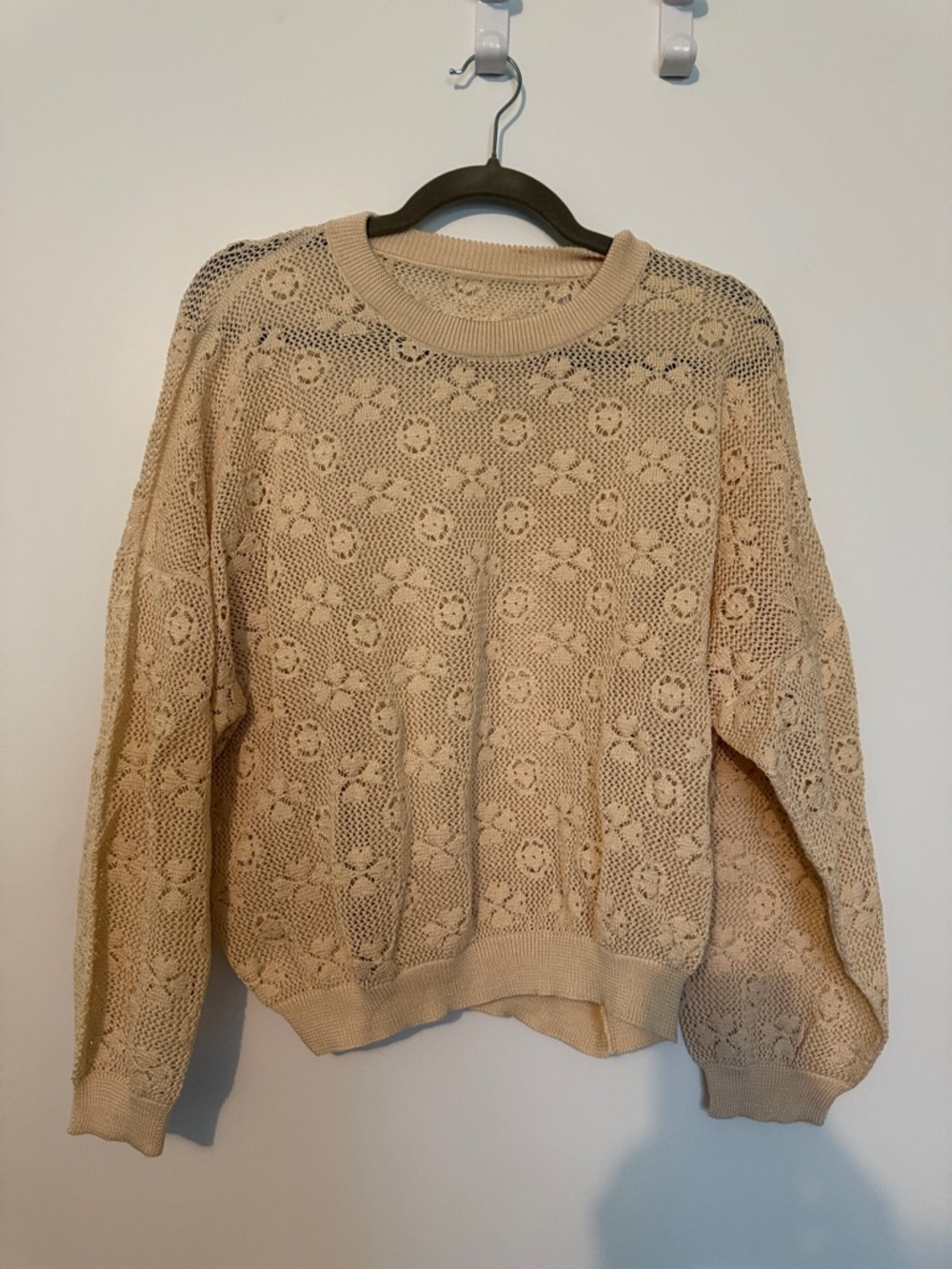 THE GREAT. Beige Floral Openwork Crewneck Sweater